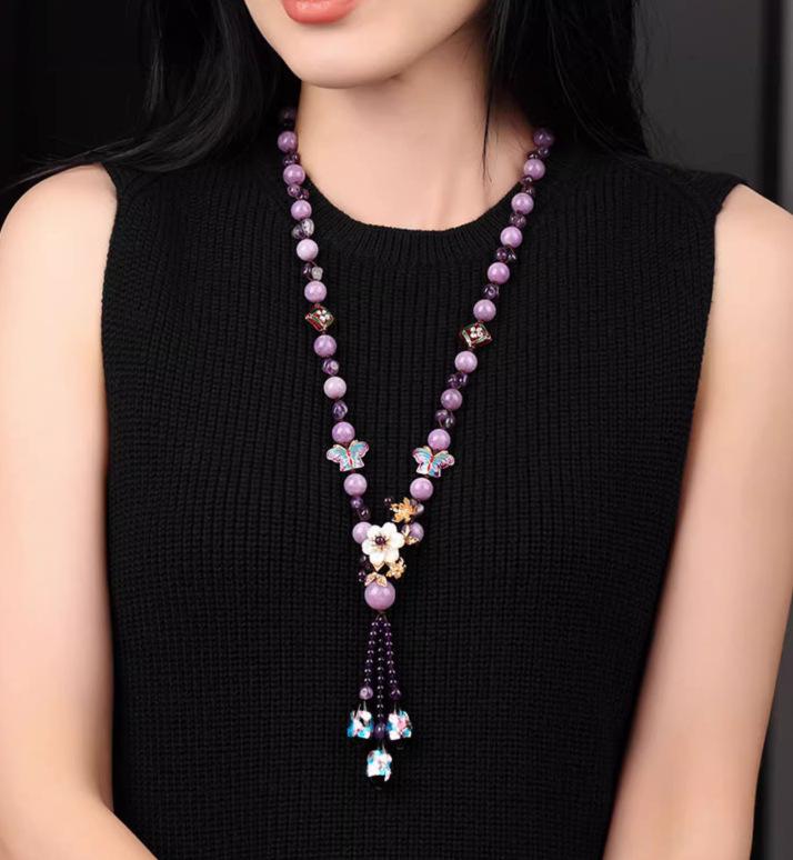 GEMCHIC Women s Ethnic Style Purple Crystal Long Necklace with Butterfly & Flower Pendant, Handmade Beaded Sweater Chain for Autumn Winter