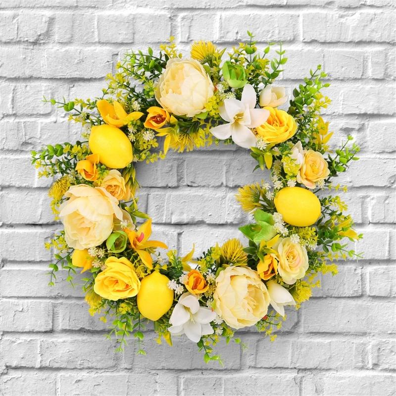 Yellow Flower Wreath with Lemon Artificial Summer Wreath for Front Door Farmhouse Wedding Garden Outdoor Decorations
