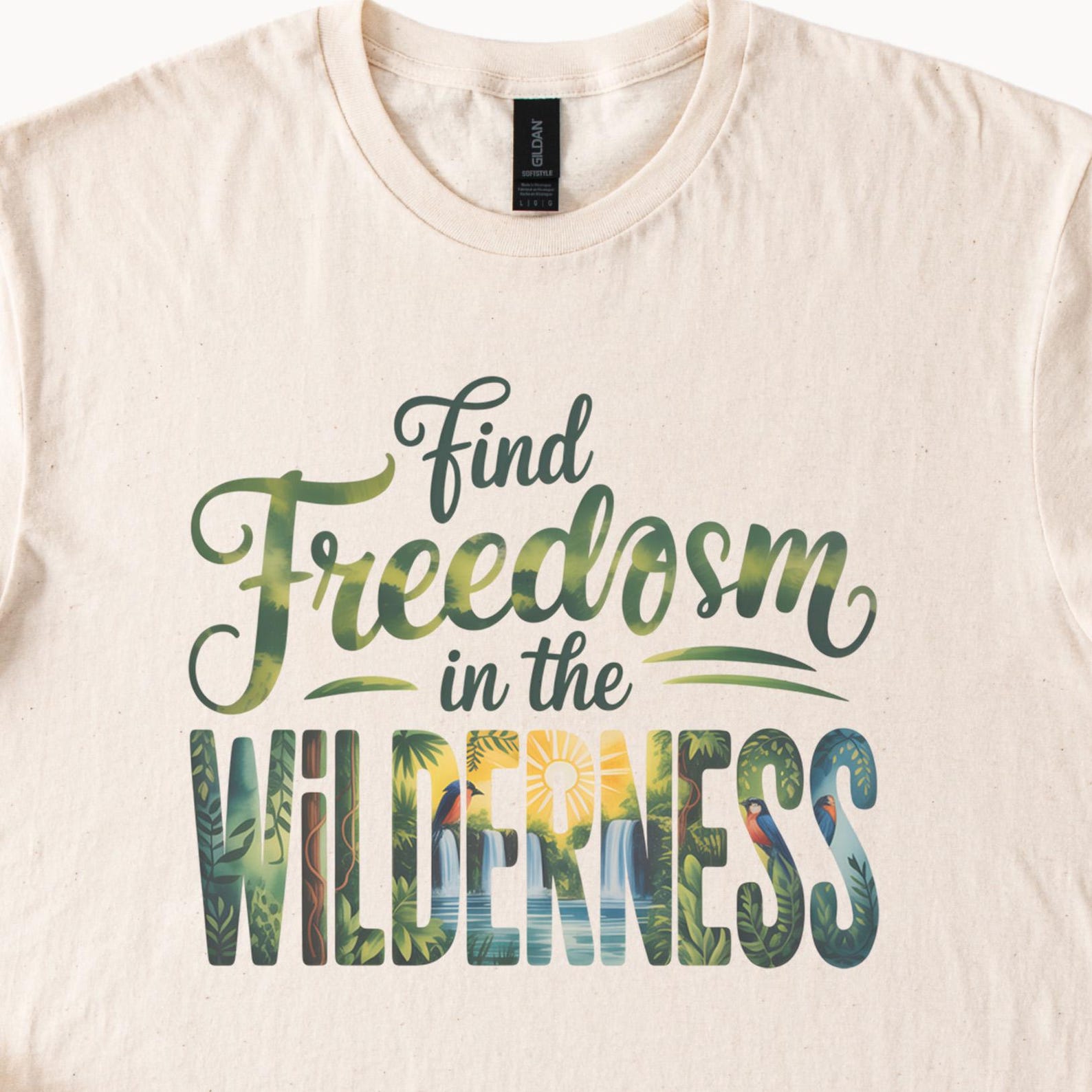Find Freedom in the Wilderness Graphic T Shirt Nature Adventure Explore Outdoors Hiking Forest Waterfall Wildlife Camping Tee Gift 140