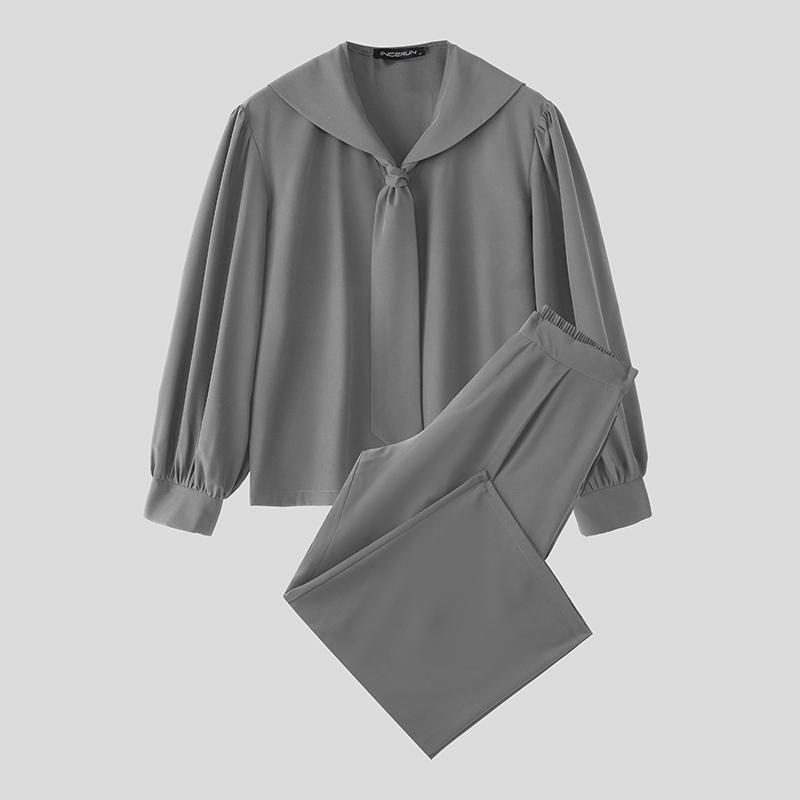 INCERUN Oversized Men Outfits Naval Collar Long Sleeve Shirts Long Pants Casual Two Pieces