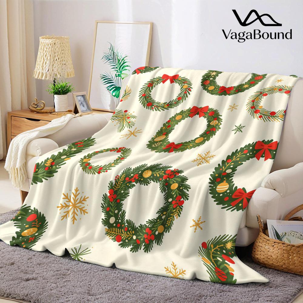 Christmas Wreaths Berries Flannel Blanket Warm Soft Halloween Christmas All-Season Couch Decorative Cozy Warm Gift