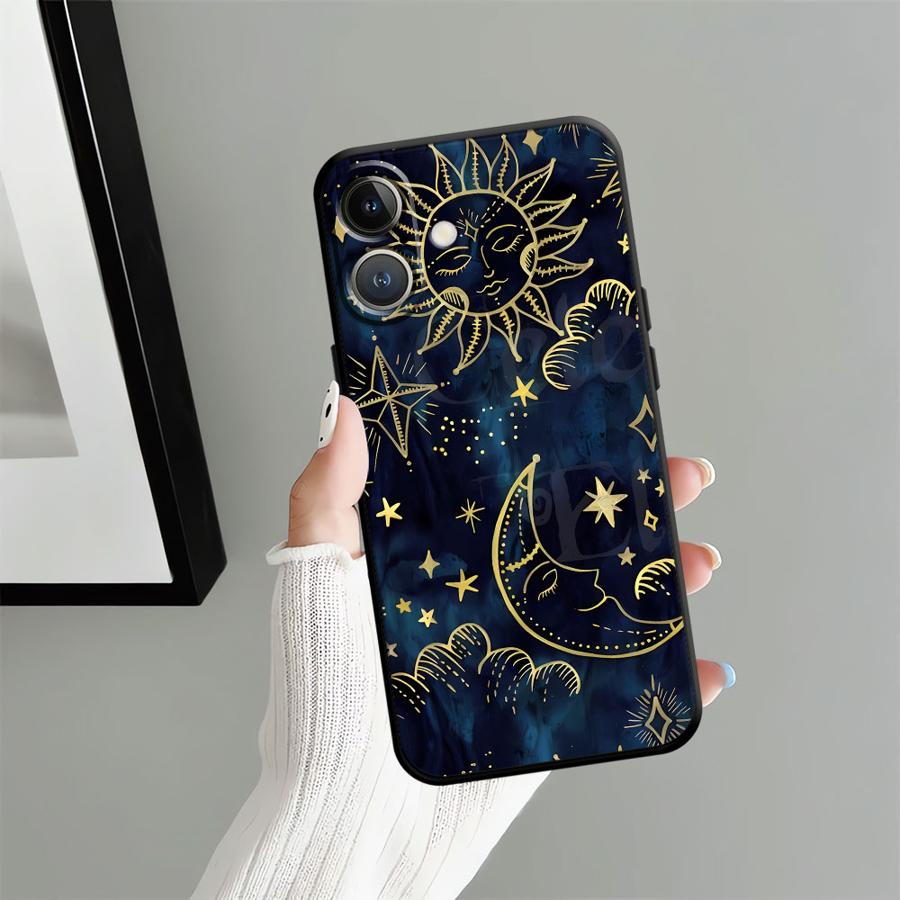Case for iPhone 7 8 15 16 14 Plus XR 13 12 11 17 Pro Max 17Air XS Max Black Soft Phone Cover Star Moon Pattern