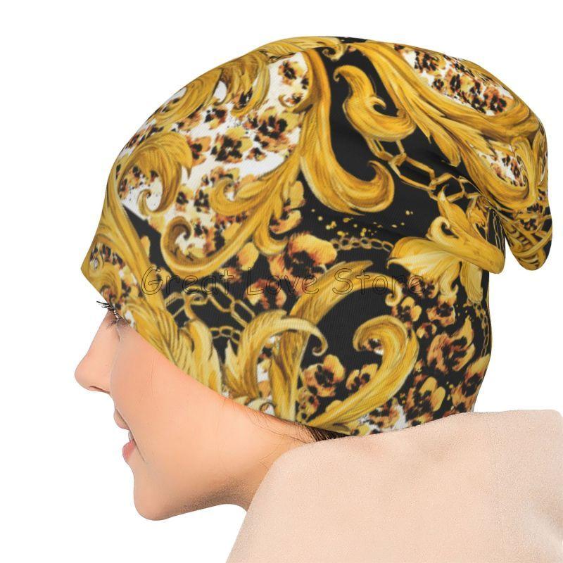 Cool Golden Flower Baroque Print Beanie Hat Women Warm Cycling Bonnet Cap Unisex Knit Hats Headwear Skullies Beanies