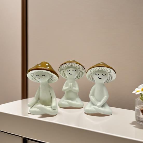 3Pcs/Set Meditation Mushroom Statue Sitting Mushroom Man Figurine Resin Sculpture Home Office Desktop Decoration Ornament