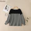 ZANZEA Women Casual Round Neck Loose Long Sleeve Patchwork Blouse
