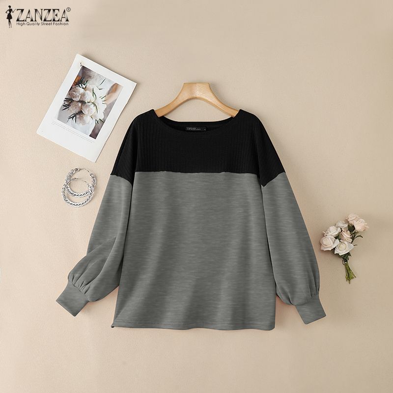 ZANZEA Women Casual Round Neck Loose Long Sleeve Patchwork Blouse
