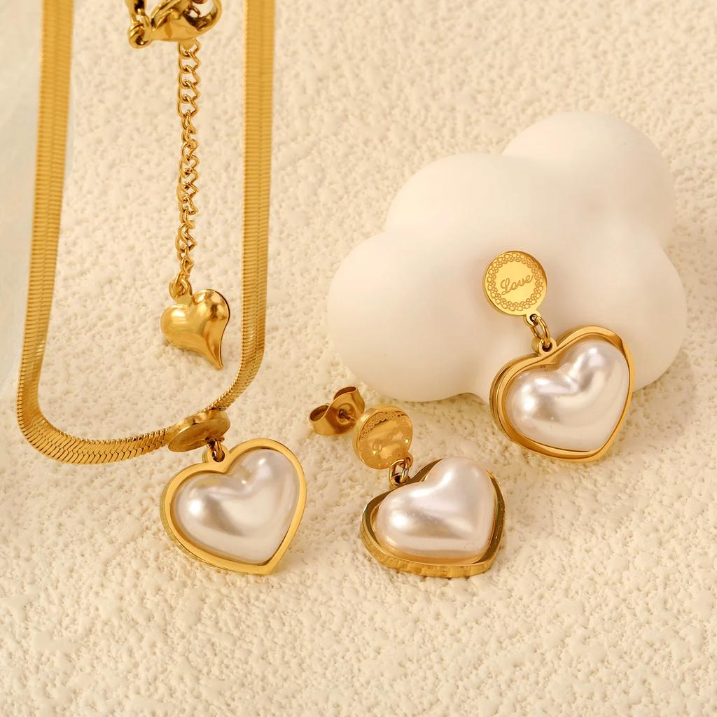 LUXUSTEEL Heart Shaped Pendants Necklace Earring Sets Imitaiton Zircon For Women Girl Stainless Steel Chain Necklace Zircon Gift