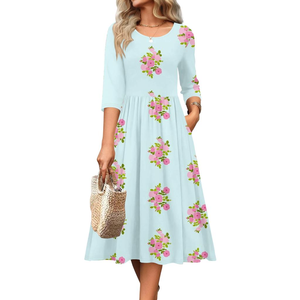 3/4 Sleeve Women's Dress Casual Flowy A-Line Midi Tshirt Dresses With Pockets Crewneck Vocation Boho Beach Sundress