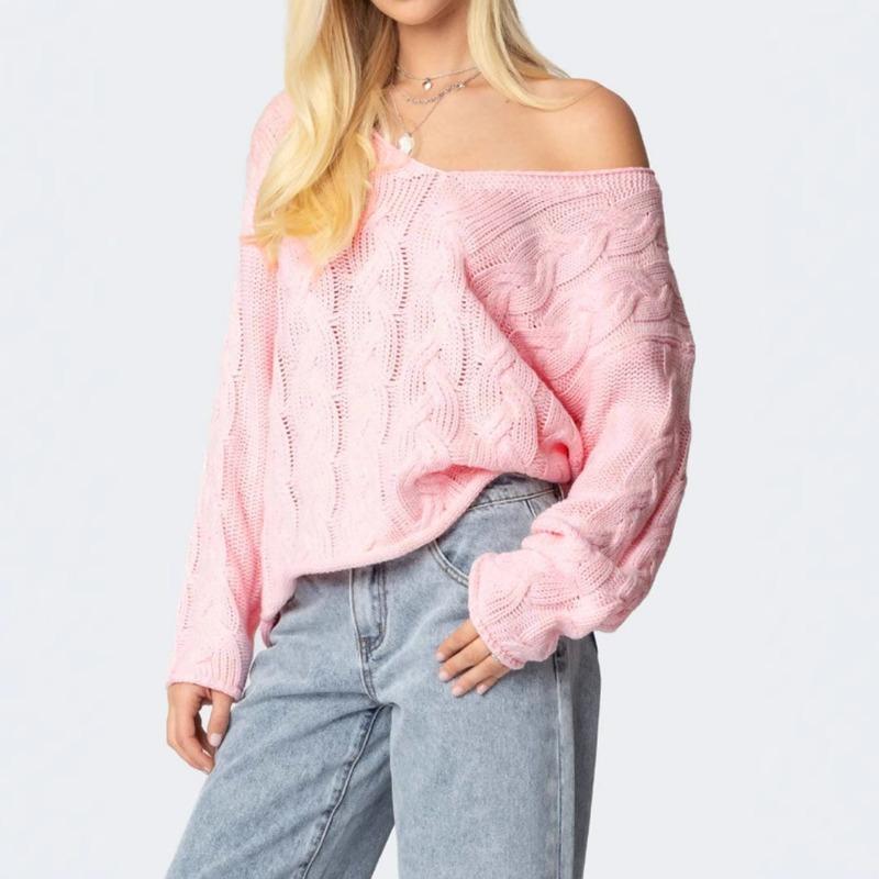 Neuer Herbststil Einfarbig Lockerer Lässiger Stil V-Ausschnitt Zopfstrick Pullover Damenoberteil