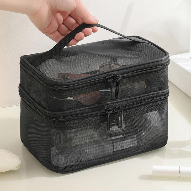 Double Layer Mesh Makeup Bag, Wash Bag, Women's Portable New Large Capacity Storage Bag, Cosmetics Storage Bag