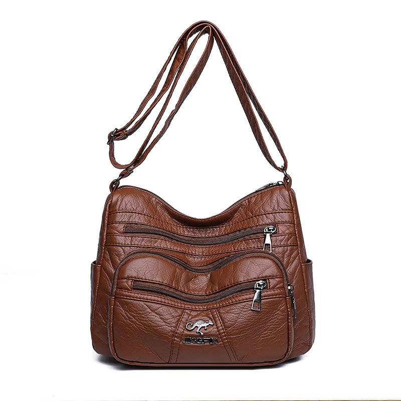 Women's Soft Leather Bag Middle-Aged Mother Crossbody Bag Large Capacity Multi-Pocket Commuter Shoulder Bag