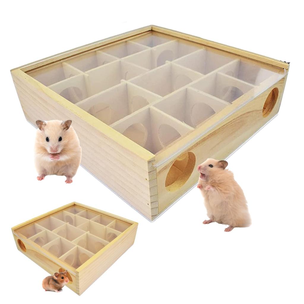 SAKURAN Hamster House, Maze-Style Tunnel, Wooden Pet Supplies for Small Animals, Hideout, Shelter, Easy Observation, Chewing Safe, with Clear Top, Toy