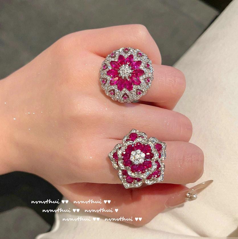Papalacha Flower Gemstone Earrings, Margaret, Plated With 18K Gold, Rouge Pink Rose Zircon Ring.