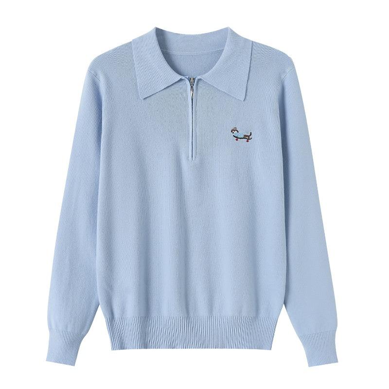 Spring and Autumn New Knitted Top Loose Lapel Bottom Shirt Thin Retro Embroidered Polo Neck Long Sleeve