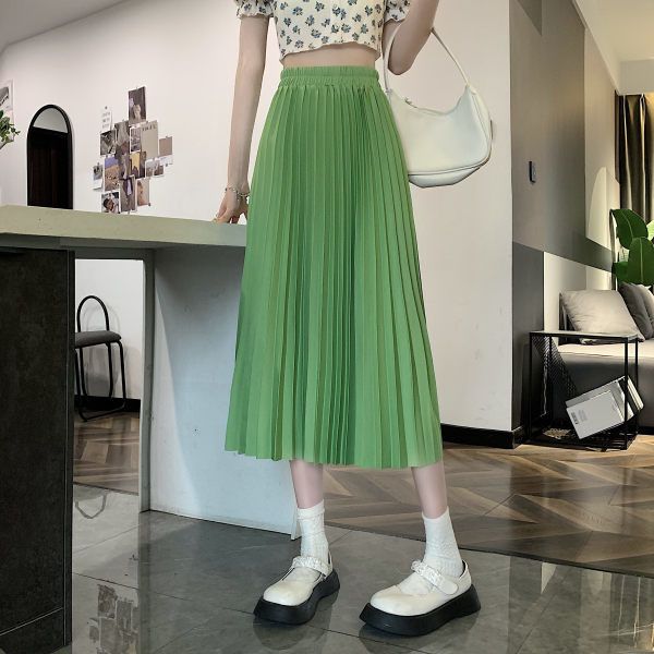Skirts for Women Fashion Elegant Elastic High Waist Basic Pleated Skirt Solid Casual A Line Summer Midi Skirt