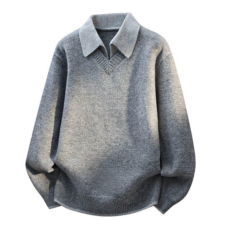 Men's Trendy Faux Two-Piece Lapel Sweater - Autumn/Winter Thickened Velvet Casual Knit Base Layer