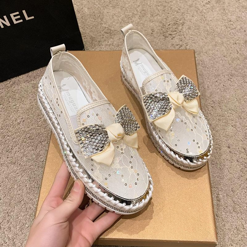 

Женские туфли-лодочки 2025 весна новая платформа на одной педали ленивые повседневные туфли с бантом из страз тренд 36