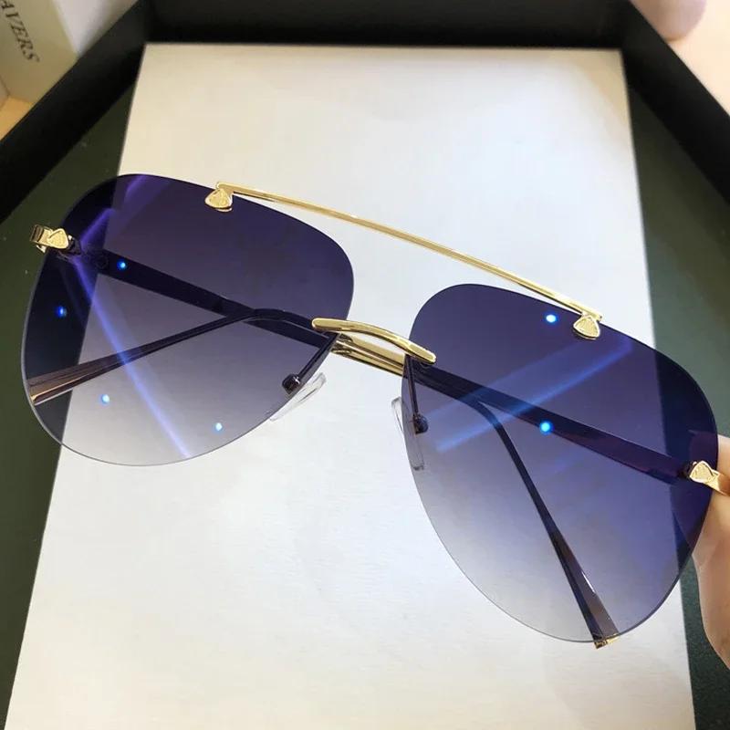 

Vintage Rimless Alloy Aviation Pilot Sunglasses for Men Brand Gradient Sun Glasses Female Metal Oval Shades Black Brown 1PC