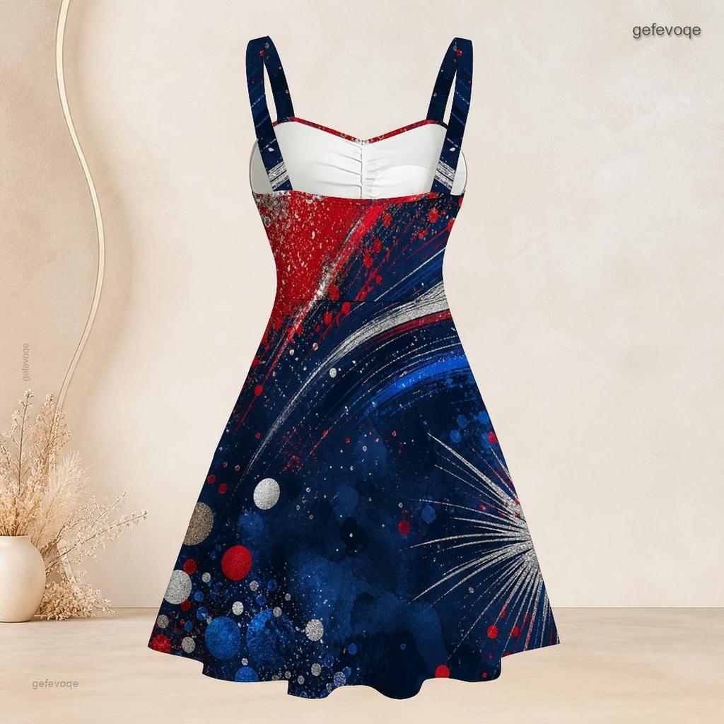 Women Plus Size Off Shoulder Strappy Sleeveless Dress Red White Blue Star Printed Fitted Waist Flared Hem