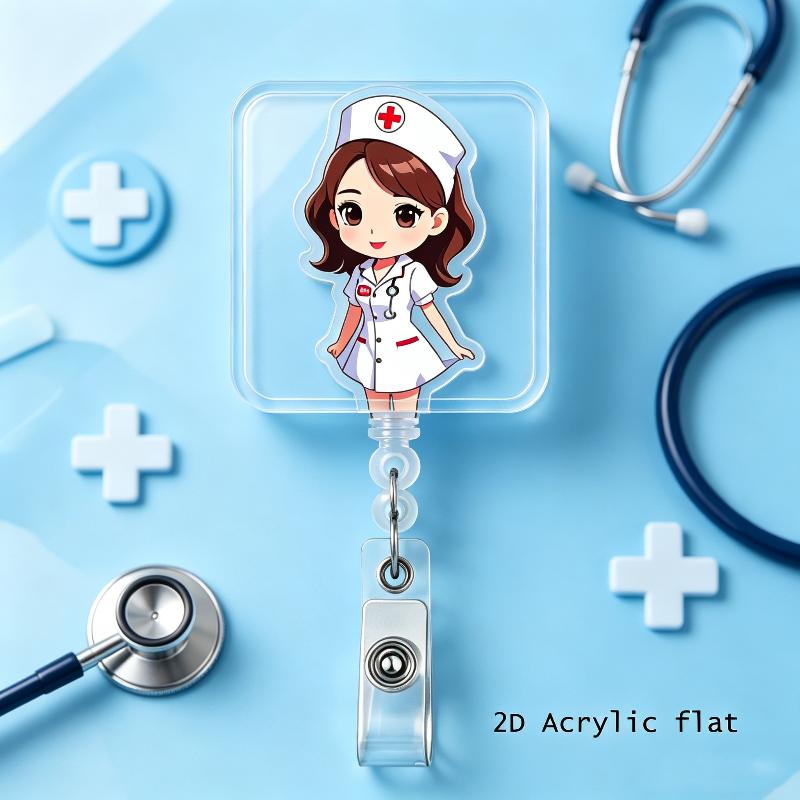1Pcs 2D Flat Acrylic Badge Holder Retractable Id Badge Holder Scratch-Resistant Cartoon Nurse Badge Reel