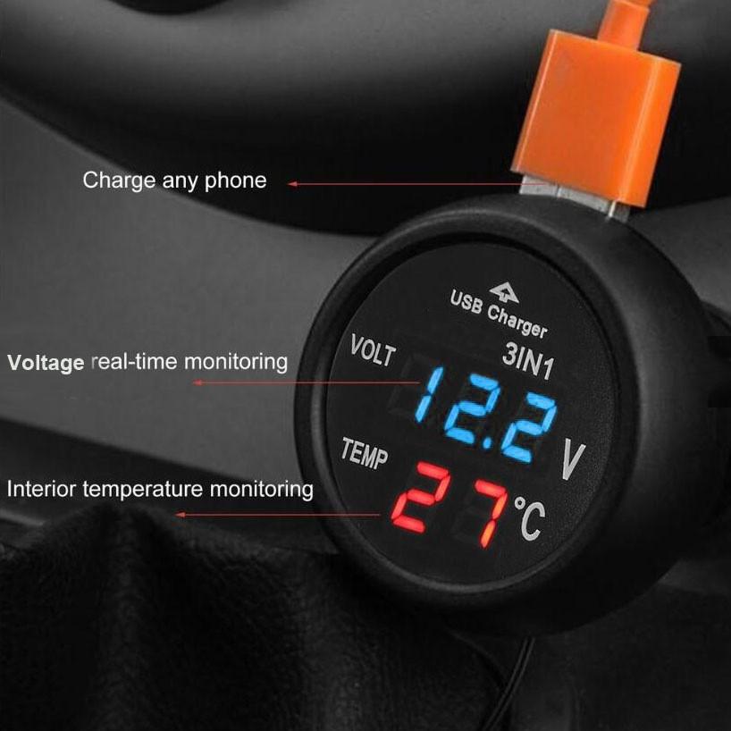 Universal 3-in-1 Car Voltmeter with USB Charger LED Digital Voltmeter Gauge Thermometer 12V/24V Cigarette Lighter Socket