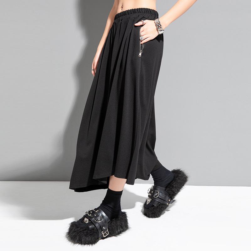 

European Summer A-Line Skirt: Irregular, Elastic Waist, Dark Loose, Medium Long with Big Swing L (65-75 kg) чёрный