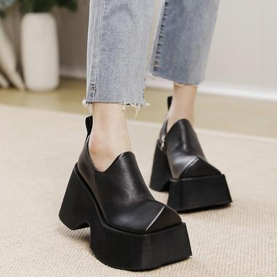 Retro Karree Echtes Leder Dicke Sohlen Schuhe Frauen Einfarbig 10CM Plattform Schuhe