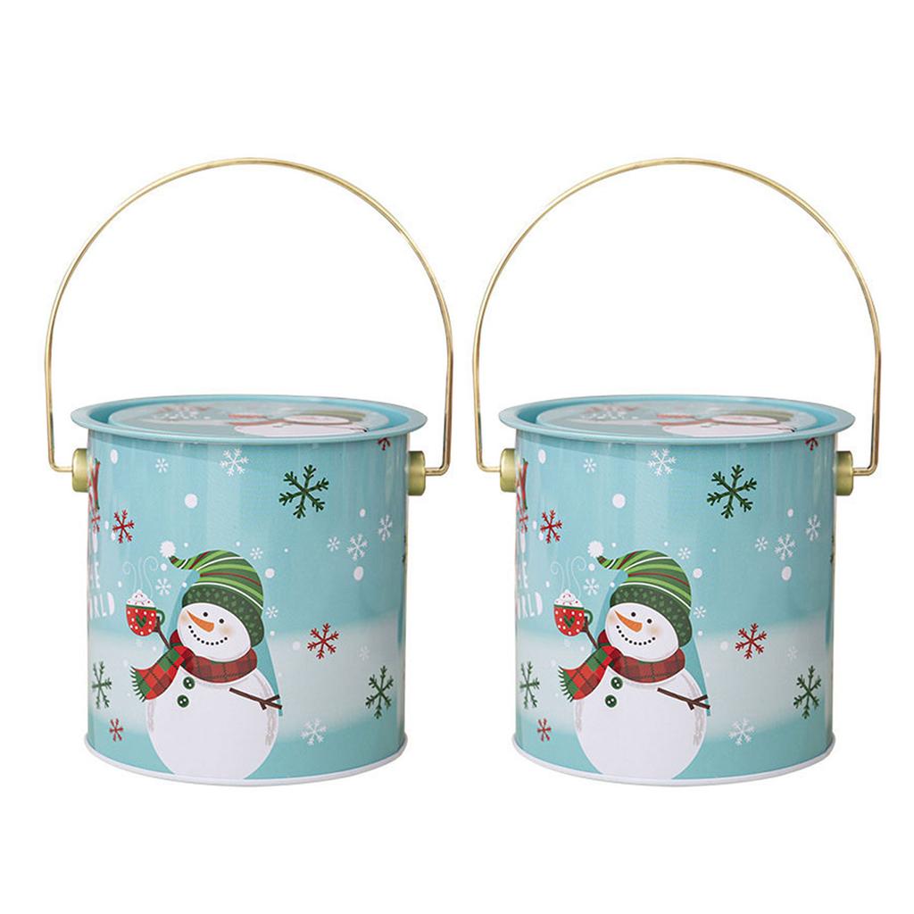 2pcs Christmas Candy Boxes with Handle Handheld Round Bucket Sweets Packaging Tins Portable Tinplate Candies Holders