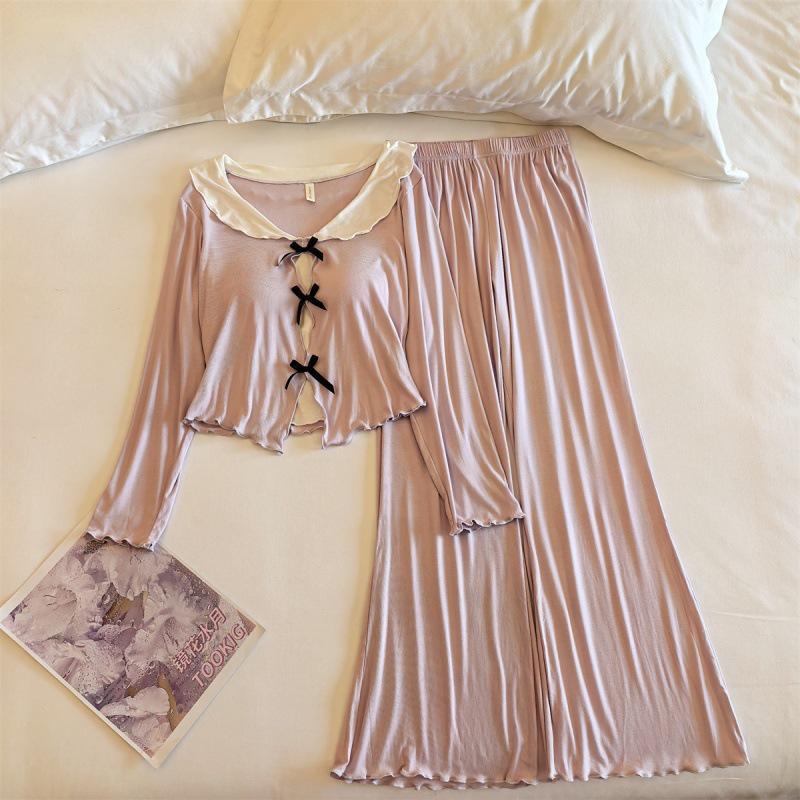Women's Long Sleeve Pajama Set with Chest Pads - Bowknot Design, Korean Style, Suitable for Spring To Winter.