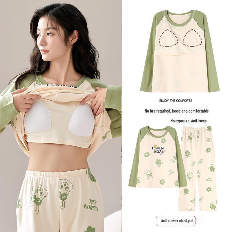 Women's Cartoon Long-Sleeve Pajamas with Chest Pads - Lightweight Home Loungewear for Autumn and Spring