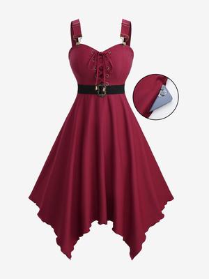 Rosegal Plus Size Lace Up Solid Pocket Handkerchief Dress with Removable Belt