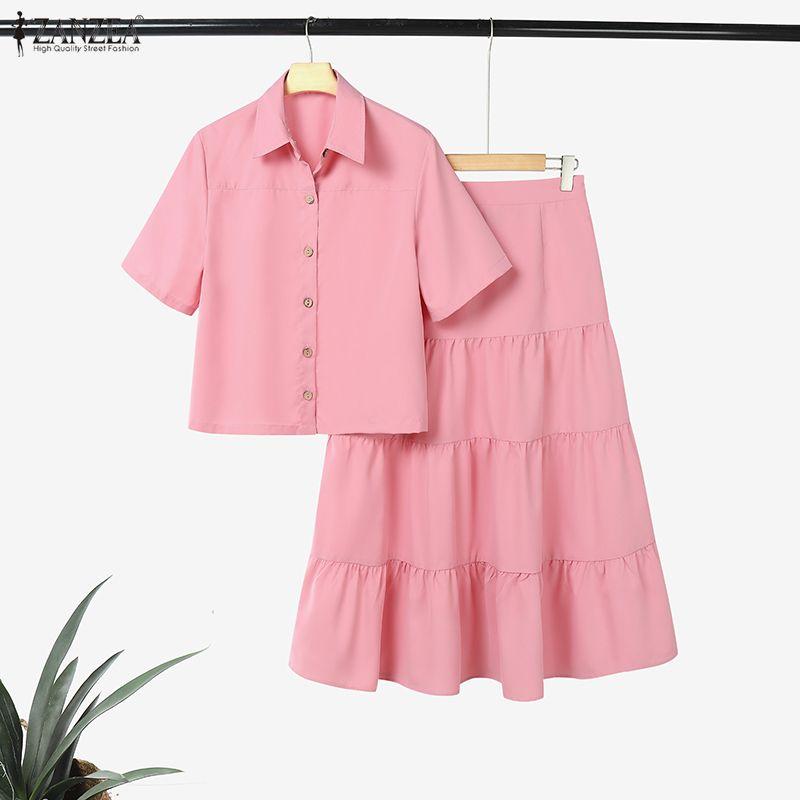 ZANZEA Damen Kurzarmbluse und Röcke Sommer Zweiteiliges Anzug-Set