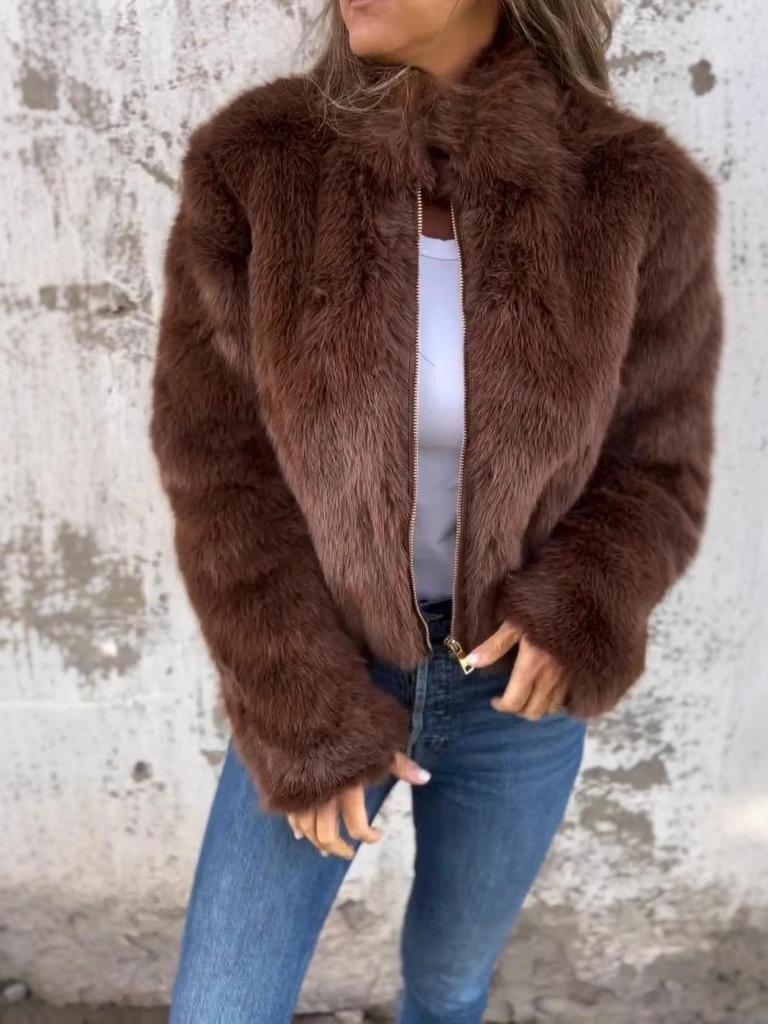 European & American Women's Fur High Neck Zipper Casual Top Coat - 2024 Autumn/Winter Collection