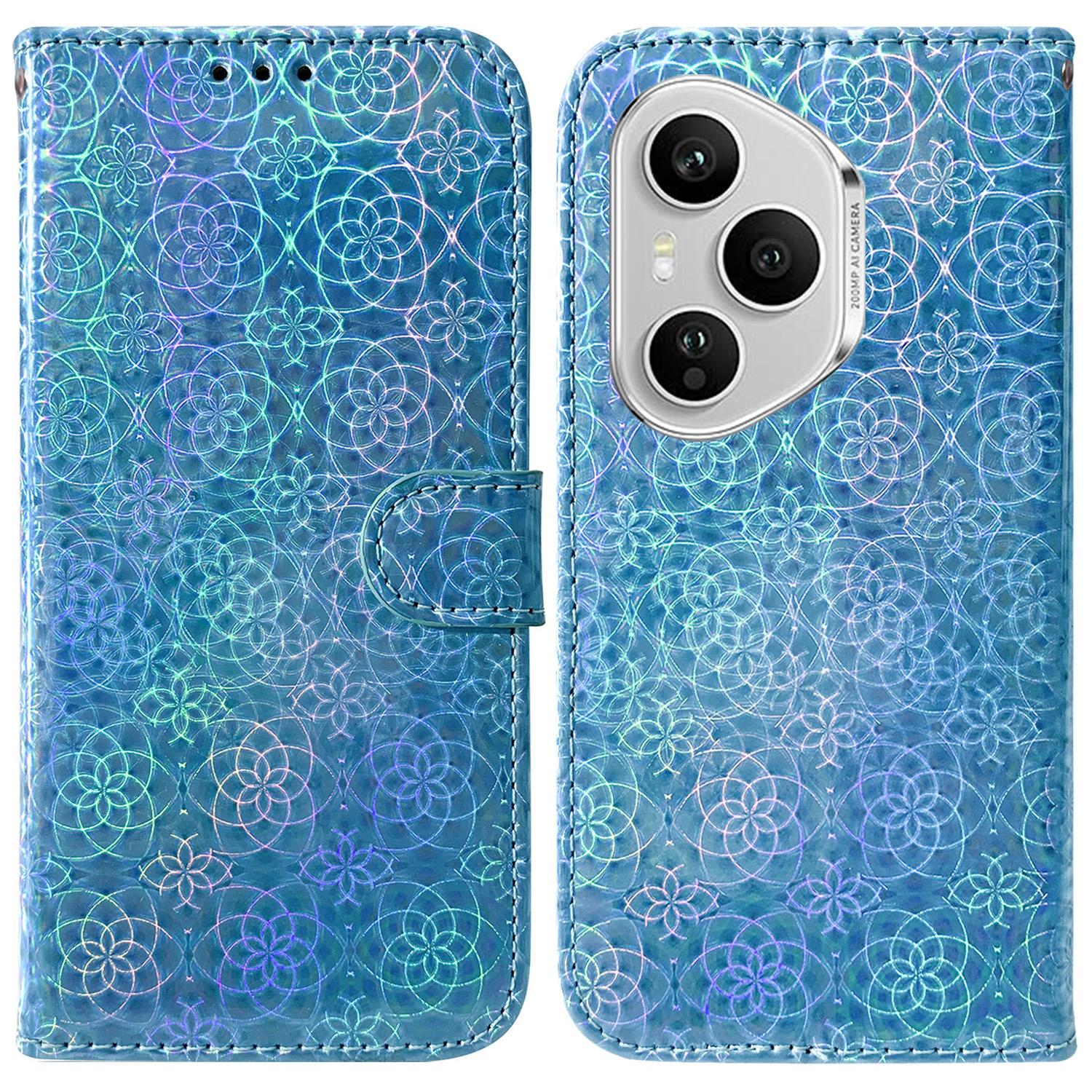 

Для Honor 400 Pro 5G (Глобальный) Чехол-подставка Dazzling Flower Кожаный чехол для телефона с ремешком на запястье Blue