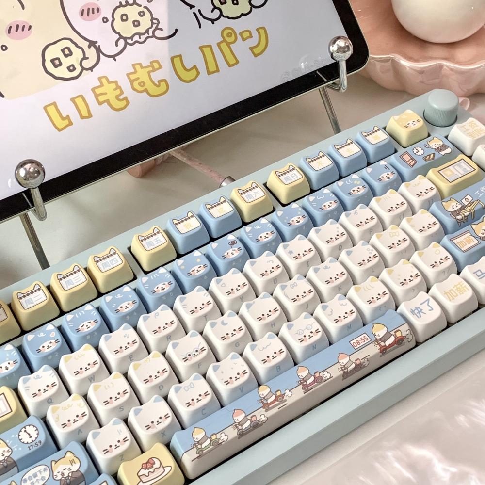 142keys Mao Keycap Blue Meow Work Kitten For Mechanical Keyboard PBT Sublimation Mao Cute Meow Cat Keycap Set