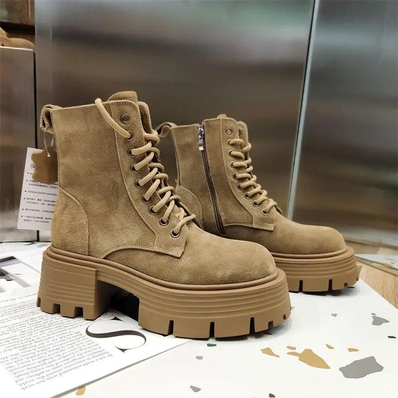 Biker Lace-up Women's Ankle Boots Short Shoes for Woman Sports Combat Chunky Punk Style with Laces Round Toe Footwear Booties Pu