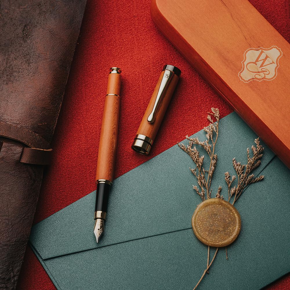 Wordsworth Black Fountain Pen Premium Bamboo Wood Extra Fine Gift Includes 6 Ink Cartridges and Ink Refill Converter Smooth Writing Experience & Set,