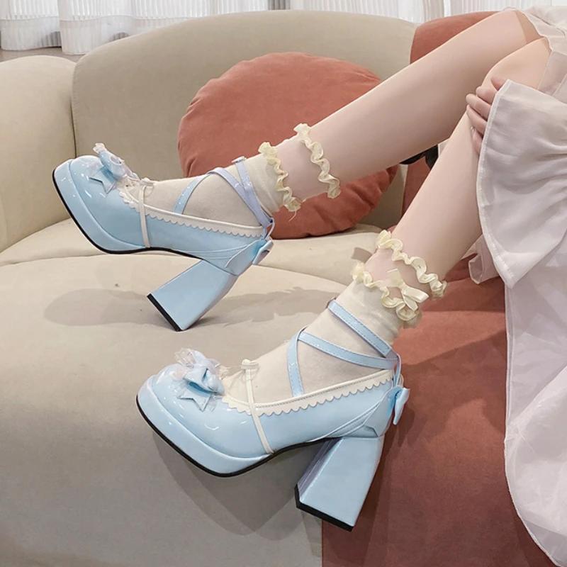 Fashion Sweet Cute High Heel Design Single Shoe Thick Bottom Waterproof Platform Bow Decoration Lolita Casual Women's Vulcanized Shoes