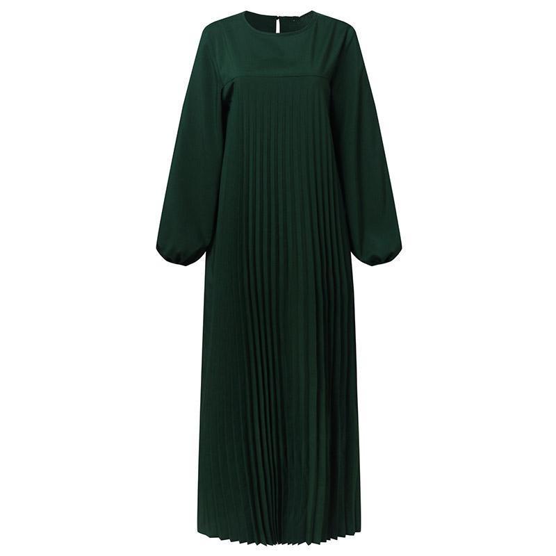 Women's Elegant Black Ice Silk Long Sleeve Pleated Dress