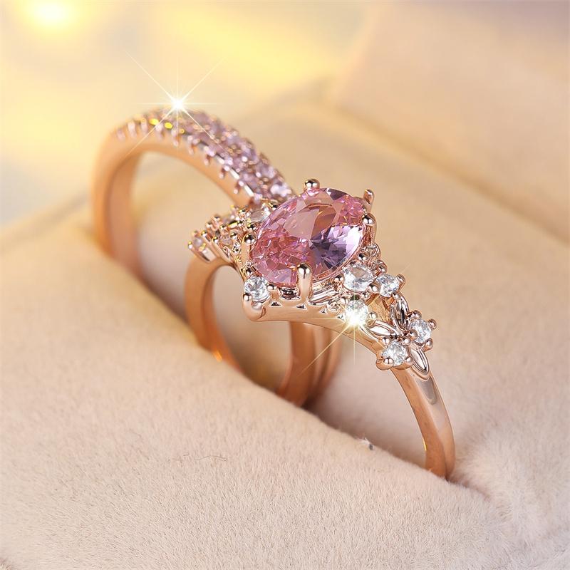 2 Pcs/set Rose Golden Color Oval Cut Pink Stone Ring Crown Ring Set Wedding Band Valentine's Day Jewelry