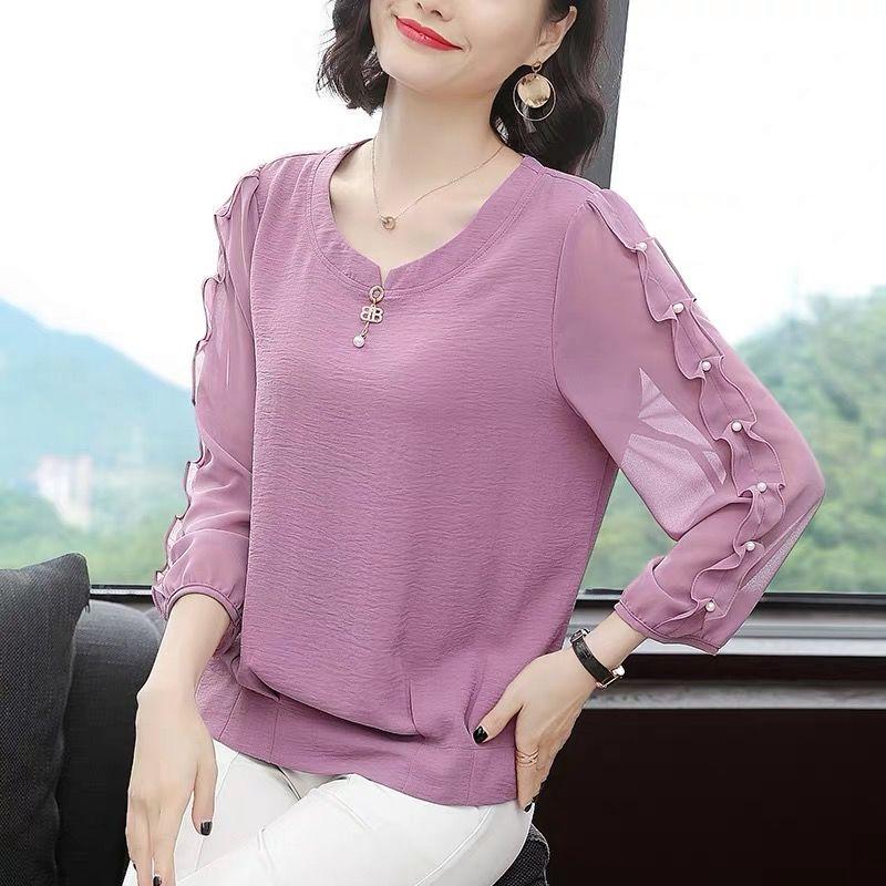 Fashion Elegant Female Ruffles Spliced Beading Chiffon Shirt Spring Summer Women's Clothing Korean 3/4 Sleeve Solid Loose Blouse