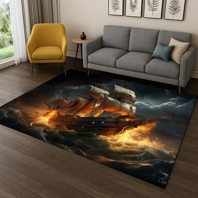3D Dreamy Pirate Ship Sailboat Cartoon Carpet Rug for Bedroom Living Room Sofa Doormat Decor,Kid Game Area Rug Non-slip Mat Gift