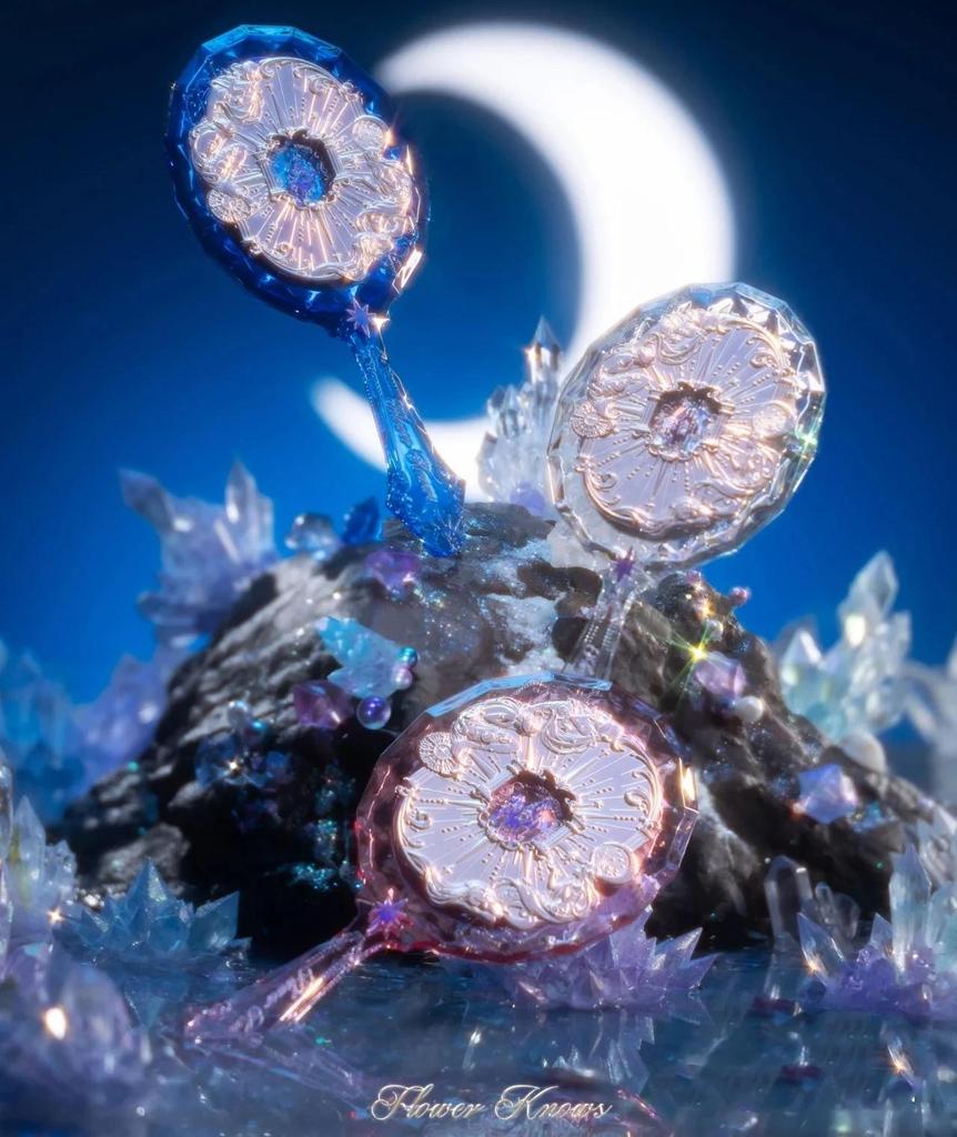 Flower Knows Moonlight Mermaid Exquisite Textured Crystal Hand Mirror Blue Pink Ladies Makeup Mirror