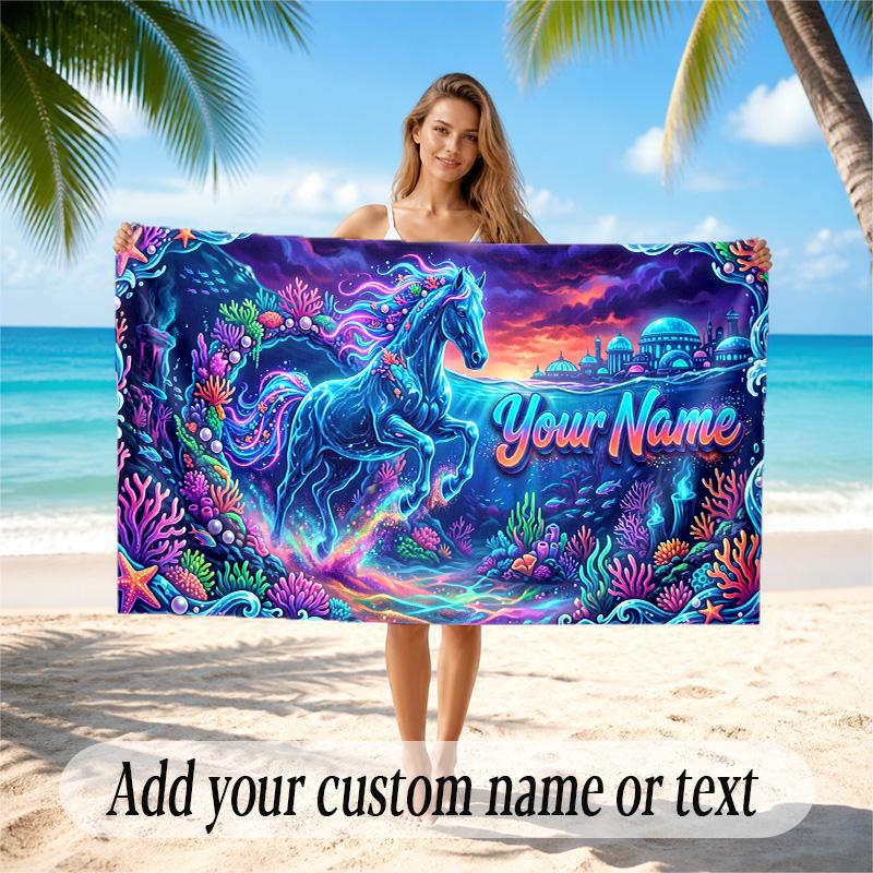 Horse Theme Quick Dry Beach Towel Custom Name Text Print Large Sand Resistant Towel Beach Vacation