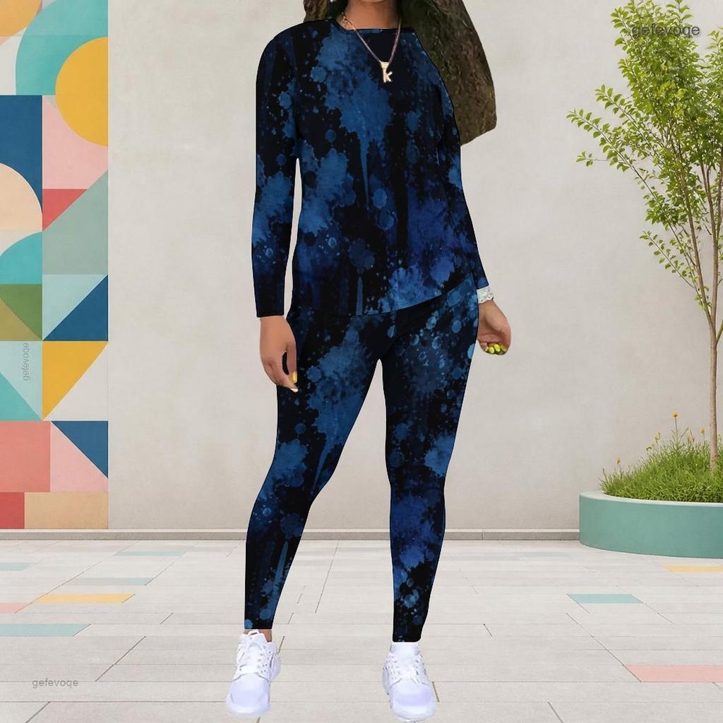 Women Plus Size Dark Blue Printed Round Neck Long Sleeve Top And Fitted Pants Two Piece Set