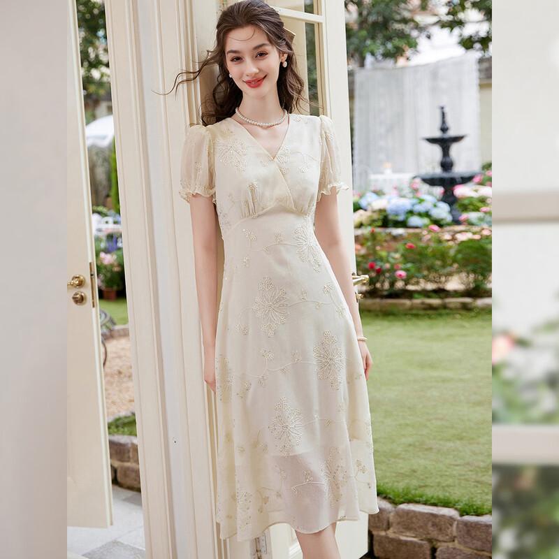 

French Style V-Neck Embroidered Mid-Length Dress S