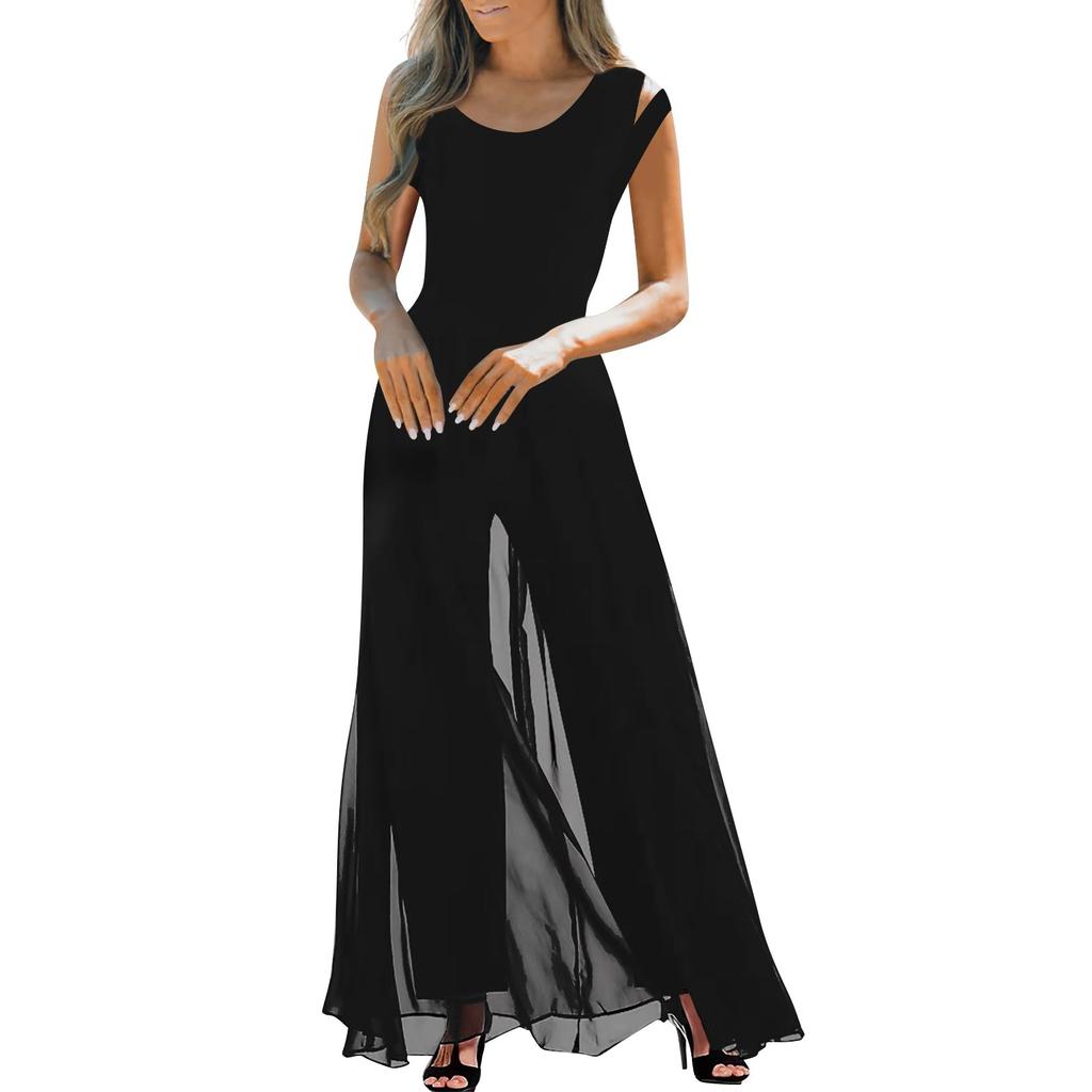 Womens Casual Sleeveless High Waist Round Neck Chiffon Overlay Jumpsuit Loose Romper Long Pants