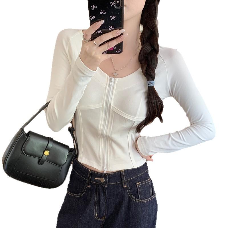 1 * 1 thread 210g, cotton 93% elastane 7% autumn and winter thin zipper V-neck slim fit solid color bottoming shirt top