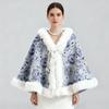 Damen Gestricktes Cape mit Perlenknöpfen Kunstpelzkragen Warmer Bedruckter Schal Winter