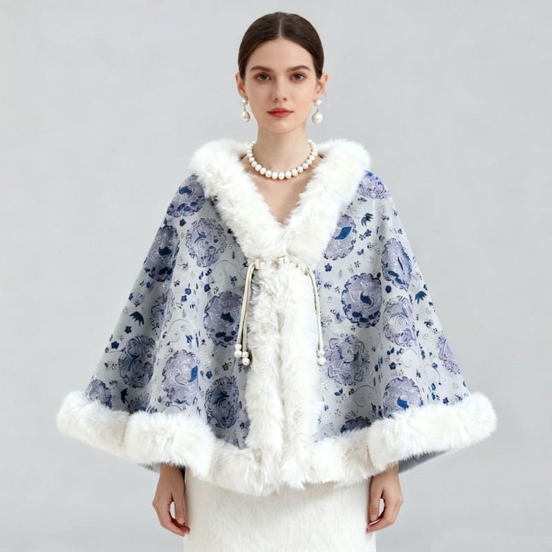 Damen Gestricktes Cape mit Perlenknöpfen Kunstpelzkragen Warmer Bedruckter Schal Winter